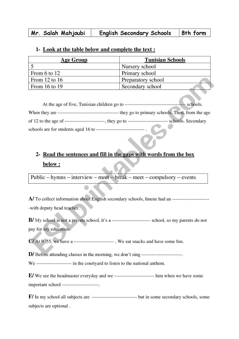 English secondary schools (2) worksheet