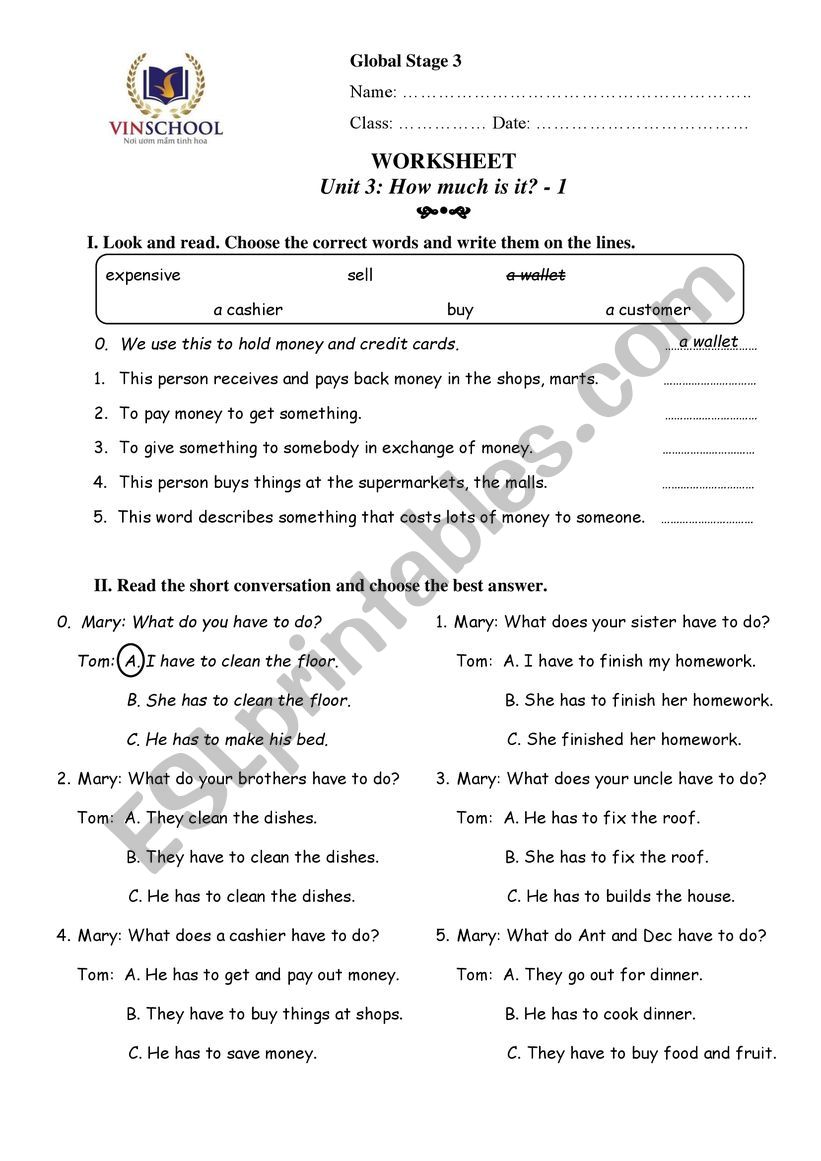 Have to / has to worksheet