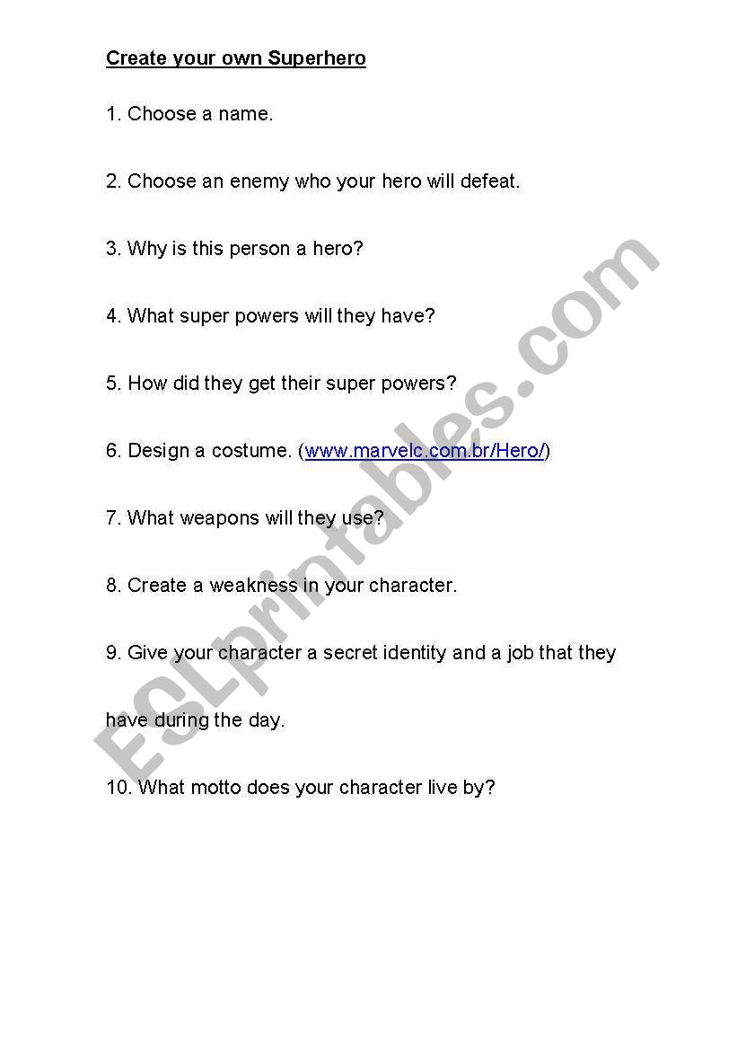 Create your own super hero worksheet