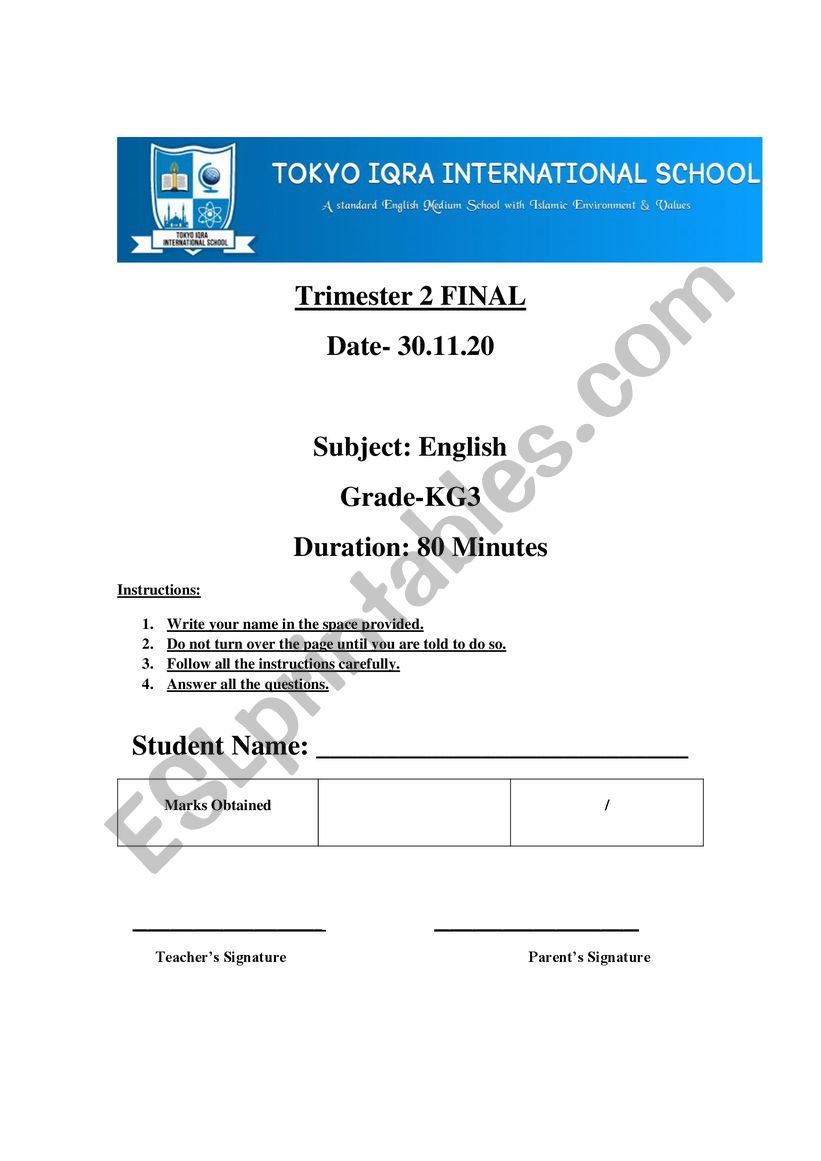 KG3 English International school 2nd semester exam