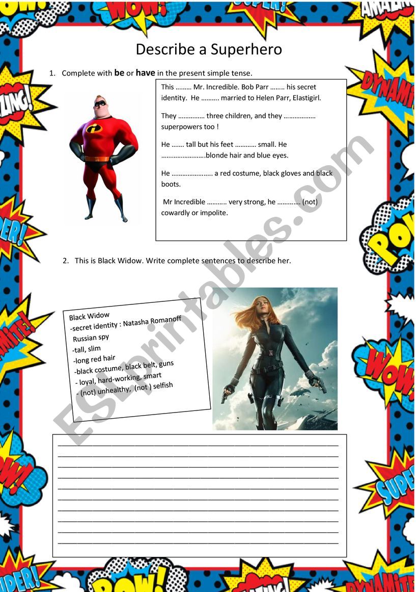 Describe a superhero worksheet