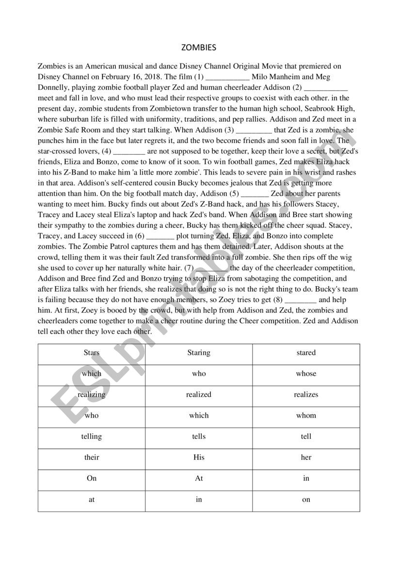 Zombies Disney Channel worksheet