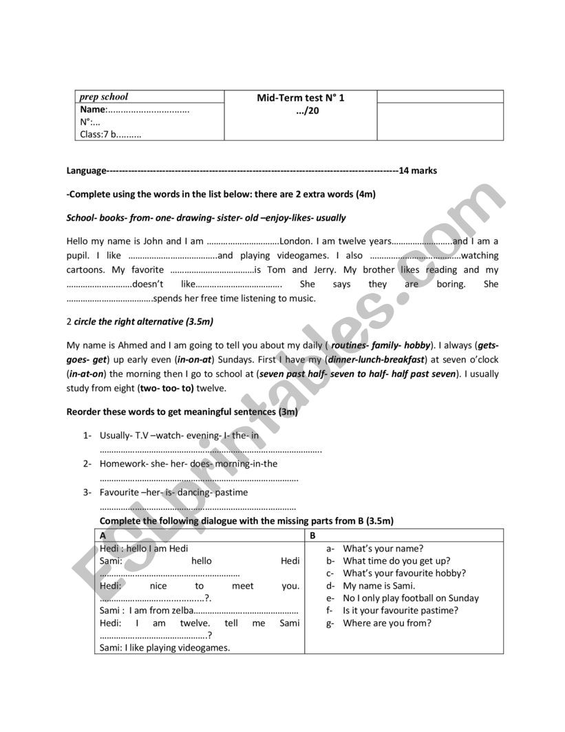 mid term test 7th form worksheet