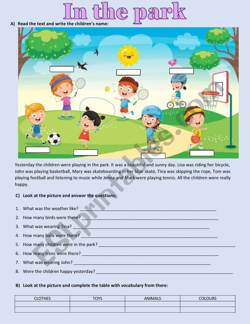 In the park  worksheet