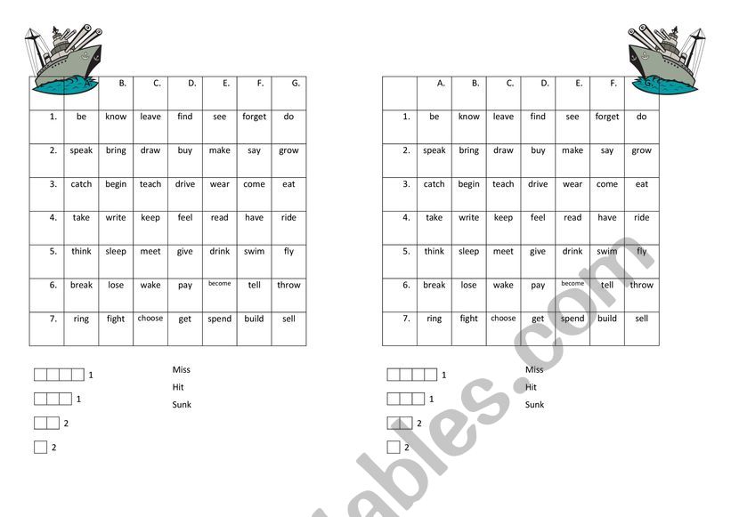 Irregular verbs battleship worksheet