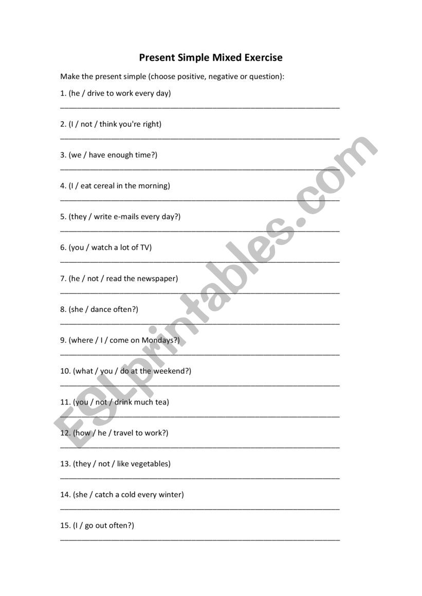 Present Simple Mixed exercise worksheet