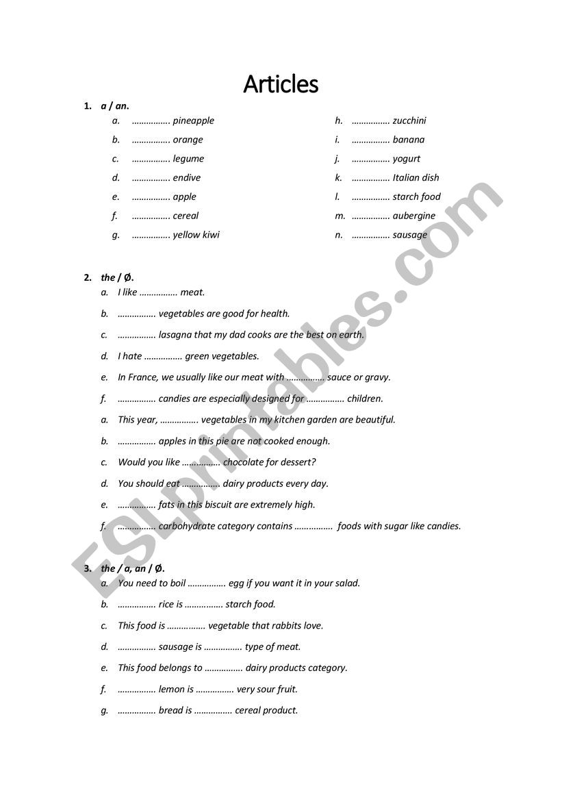 Articles worksheet