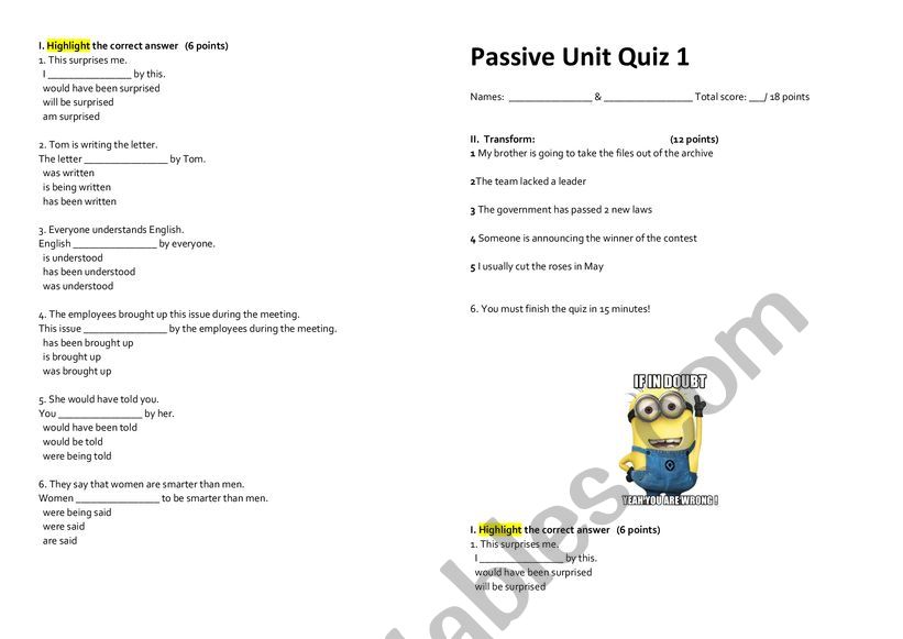 Passive short quiz worksheet