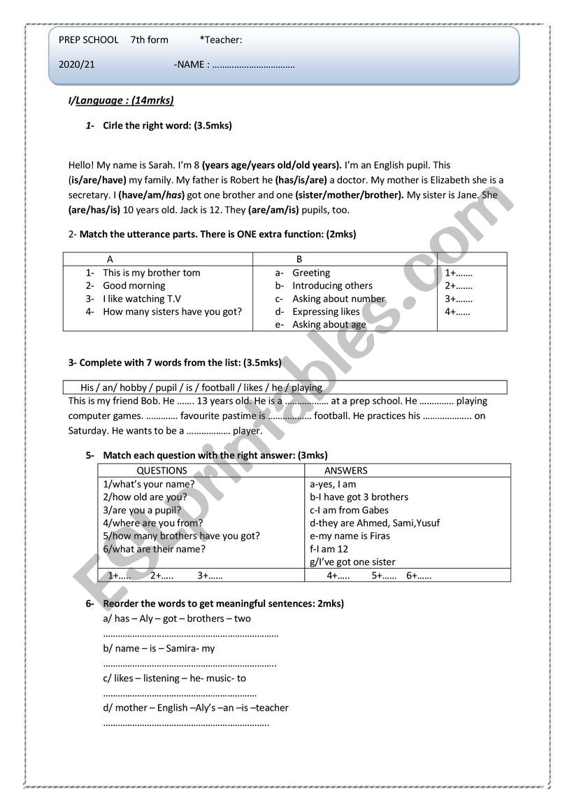 mid term test 1 7th form worksheet
