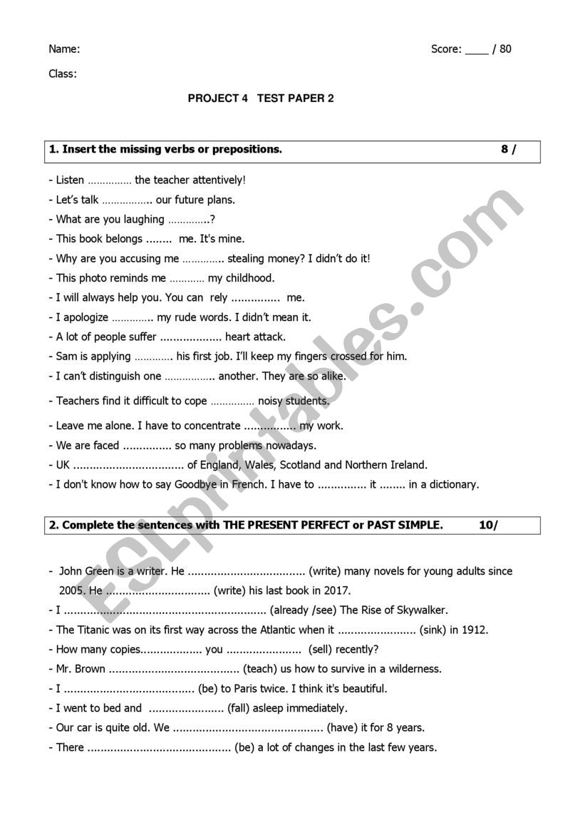 PROJECT 4 - Test paper2 worksheet