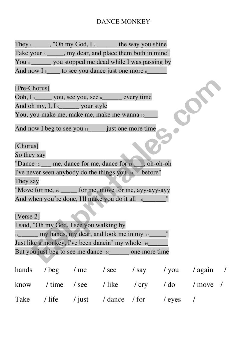 Dance Monkey - Tones and I worksheet