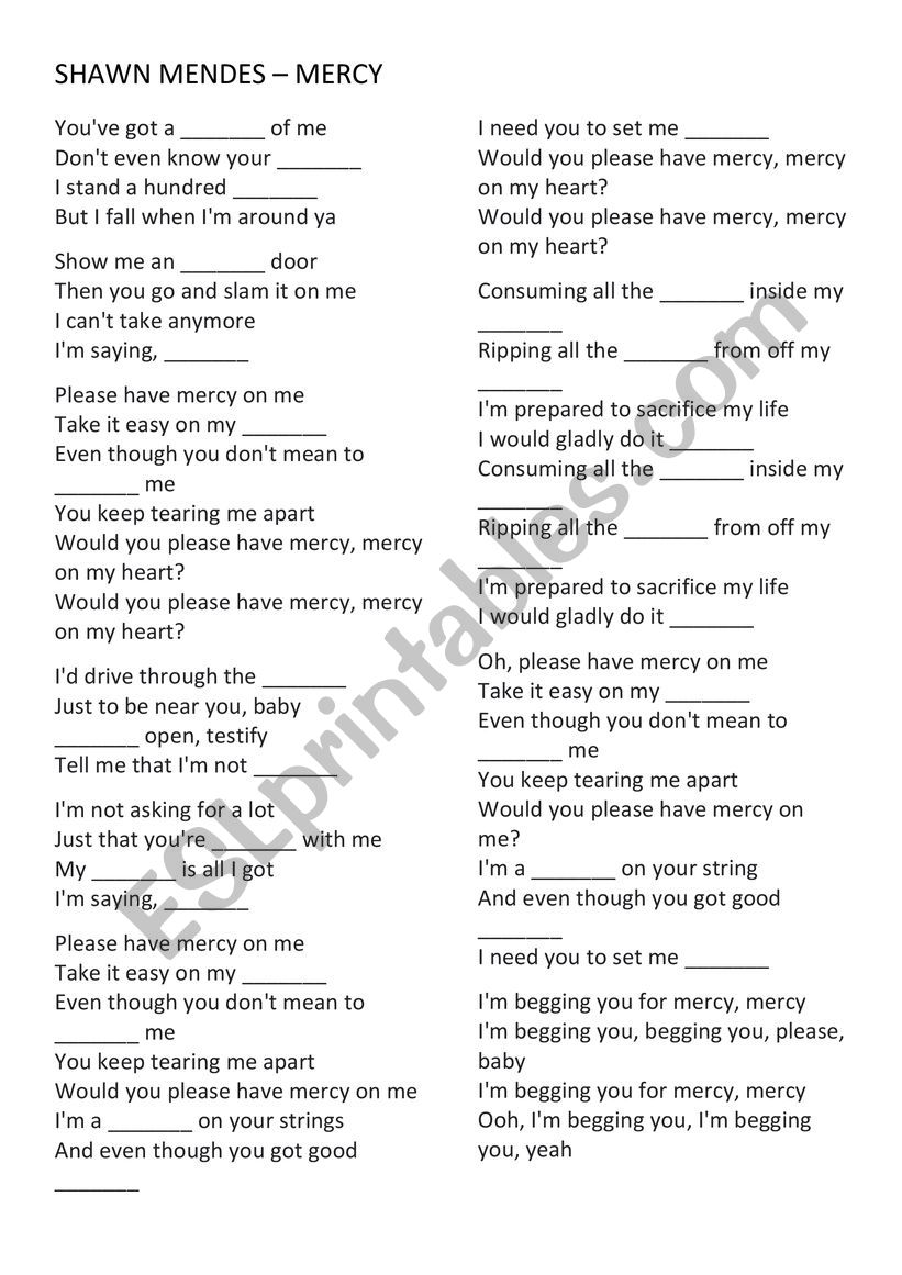 Shawn Mendes – MERCY - ESL worksheet by NessaSanchez