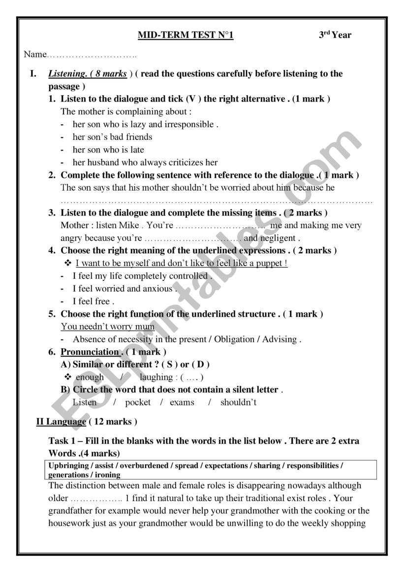 Mid Term Test 1 3rd Year (by Bouarida Sonia)