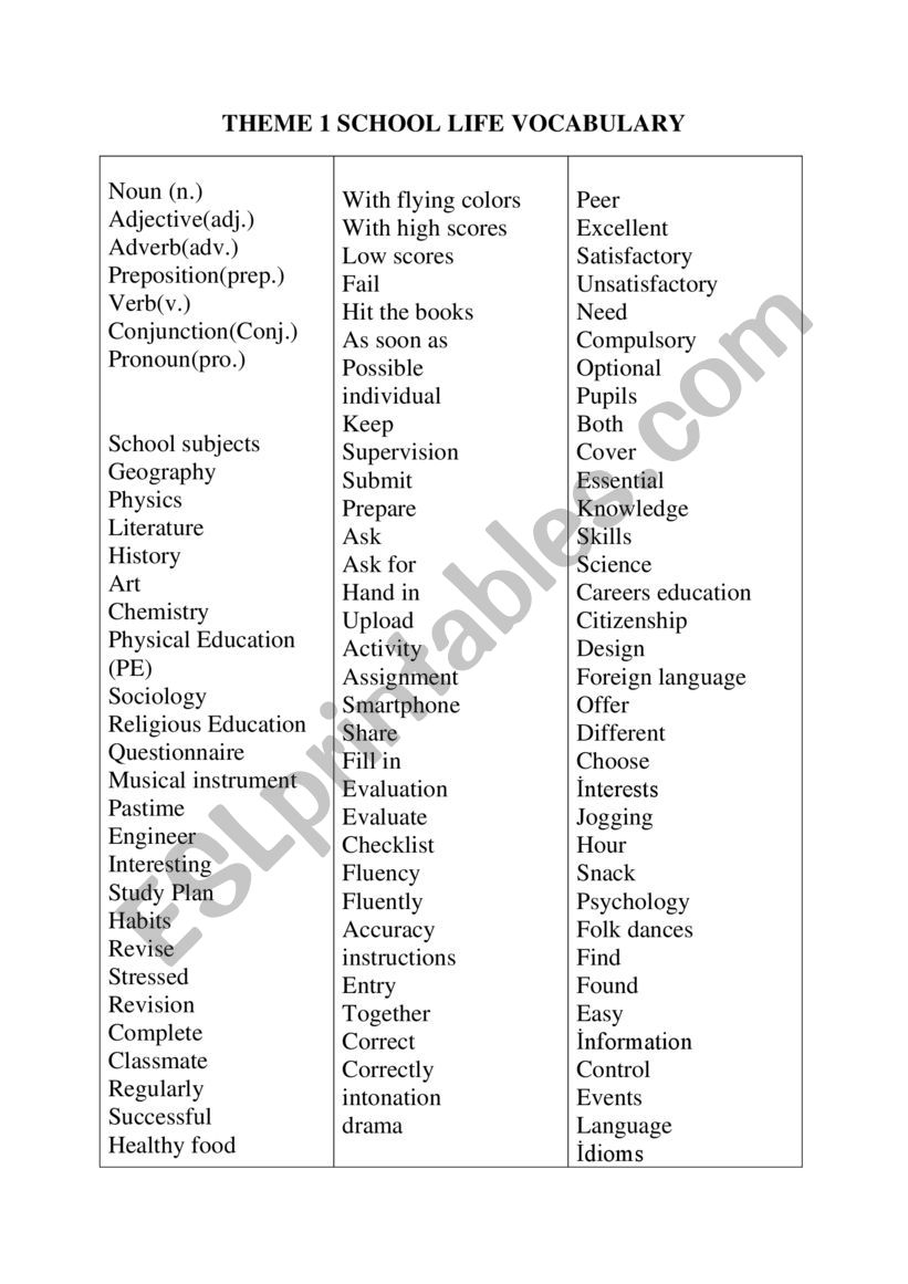 Theme 1 School Life Vocabulary