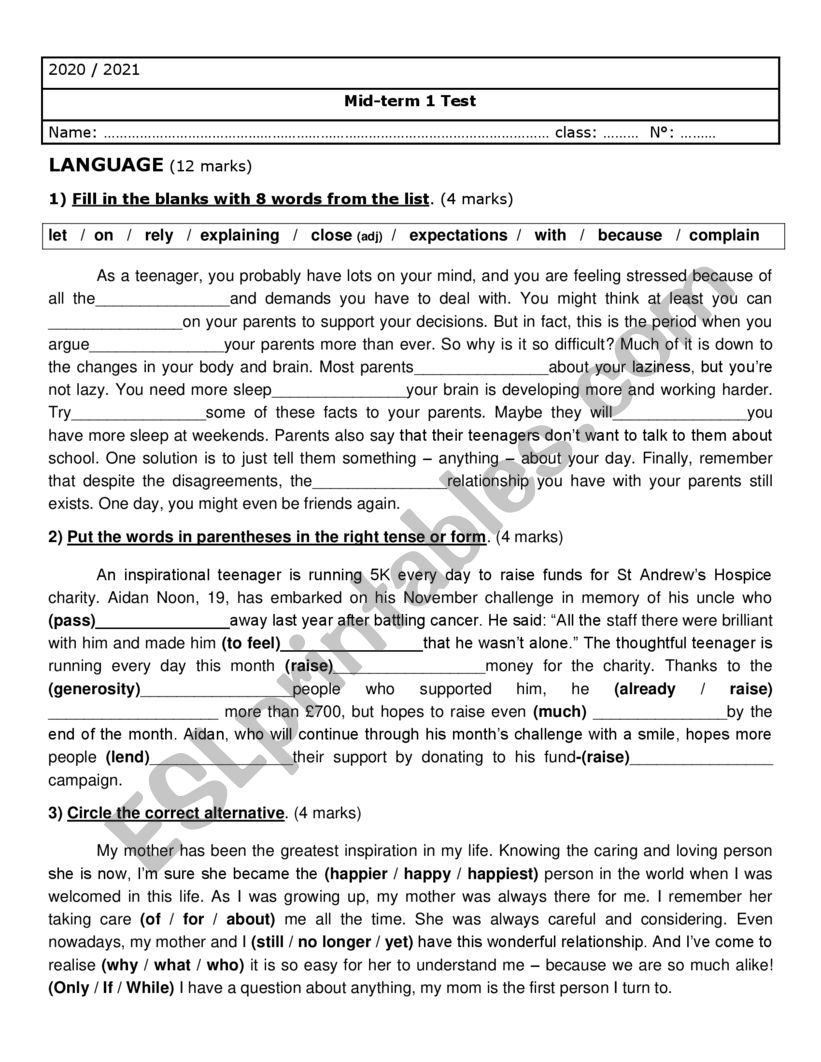 3rd form test 1 2020 worksheet