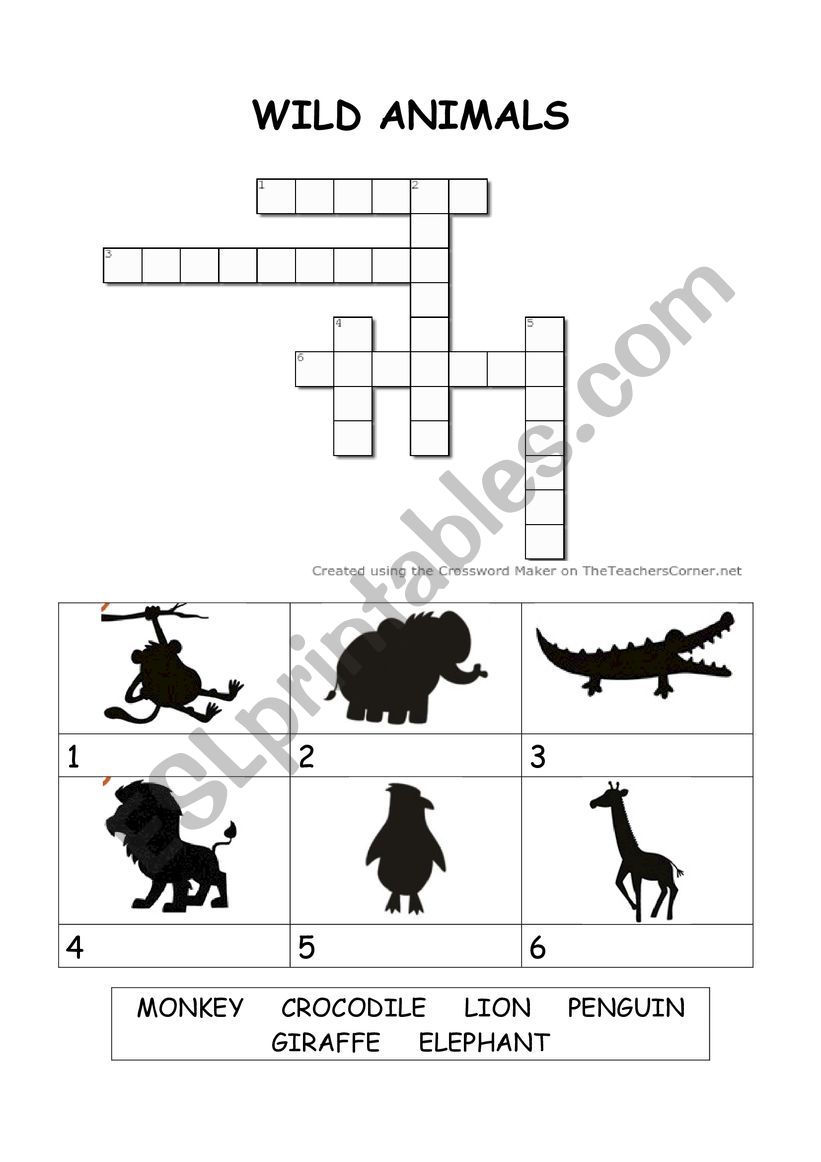 WILD ANIMALS CROSSWORDS worksheet