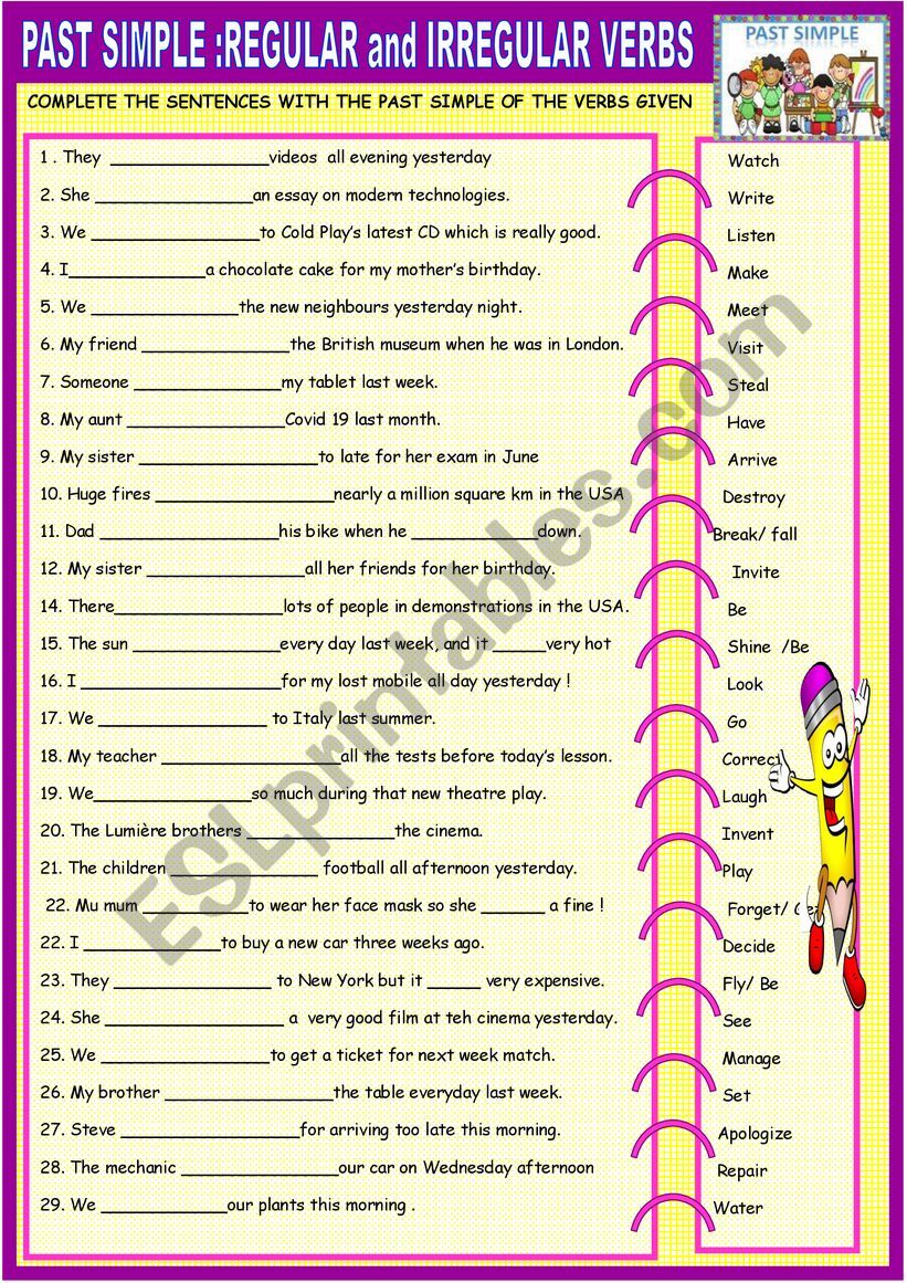 past simple regular and irregular verbs practice with key esl worksheet by spied d aignel