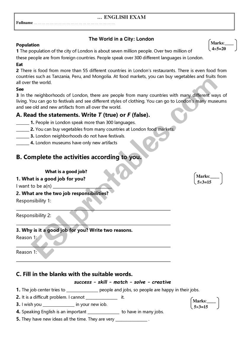 an exam worksheet