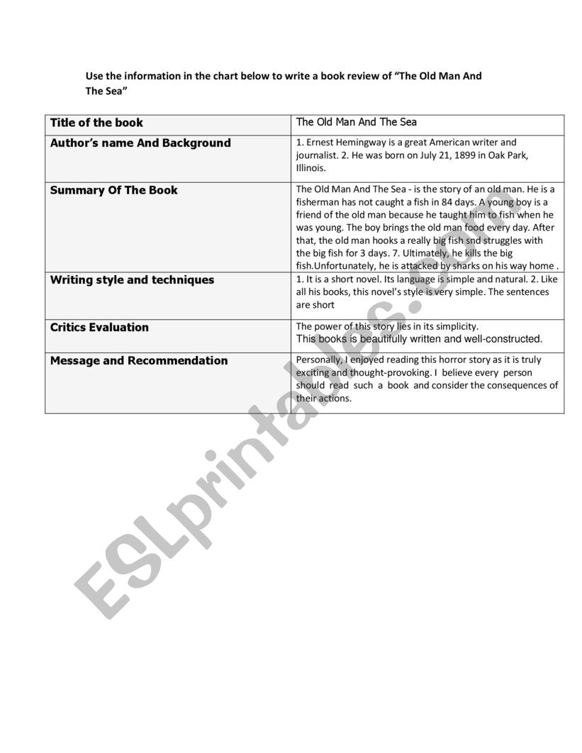 book review worksheet