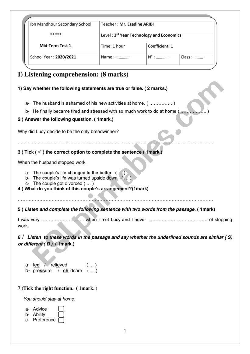 mid term test 1 third form worksheet
