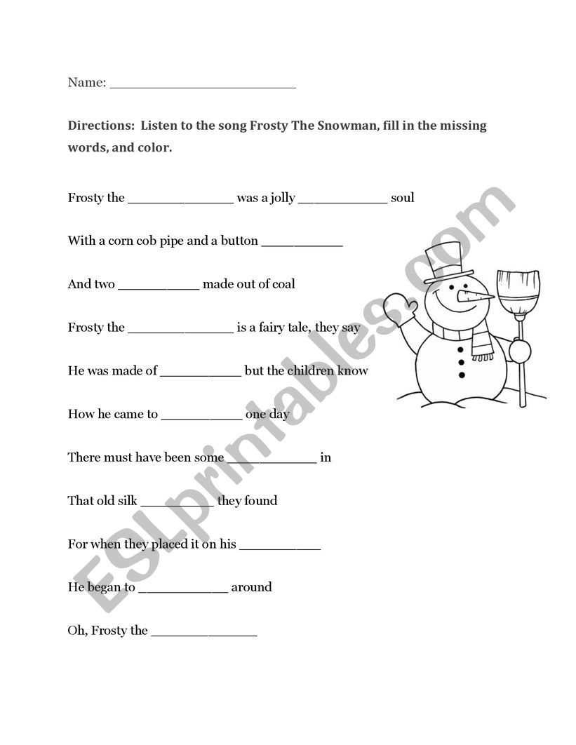 Frosty The Snowman Song Worksheet