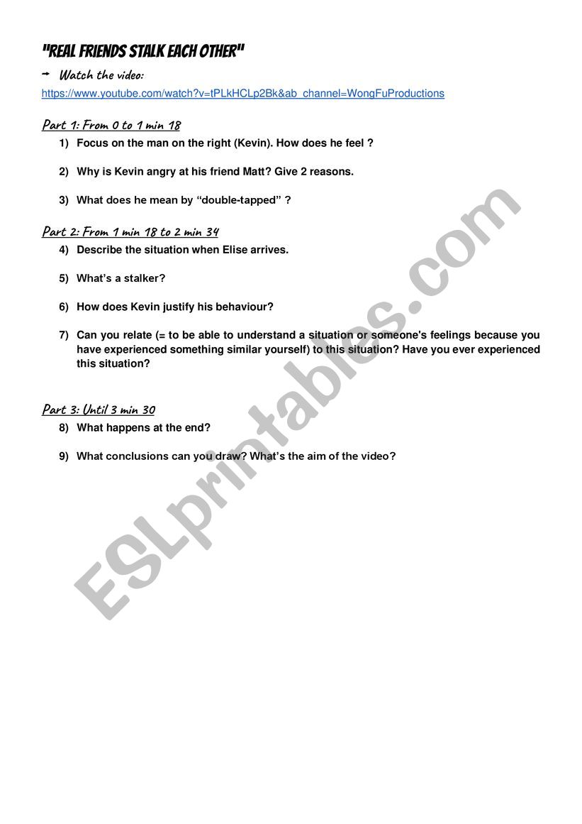 Real friends stalk each other worksheet