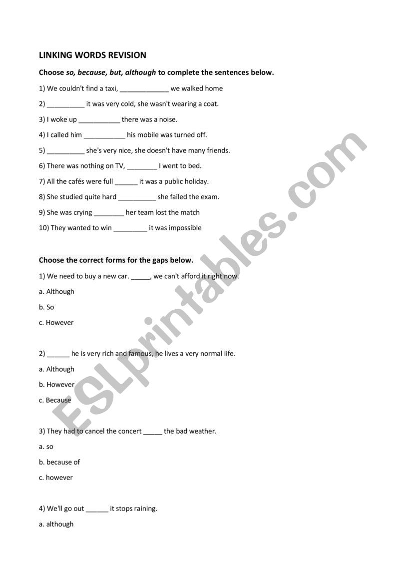 Linking words Revision worksheet