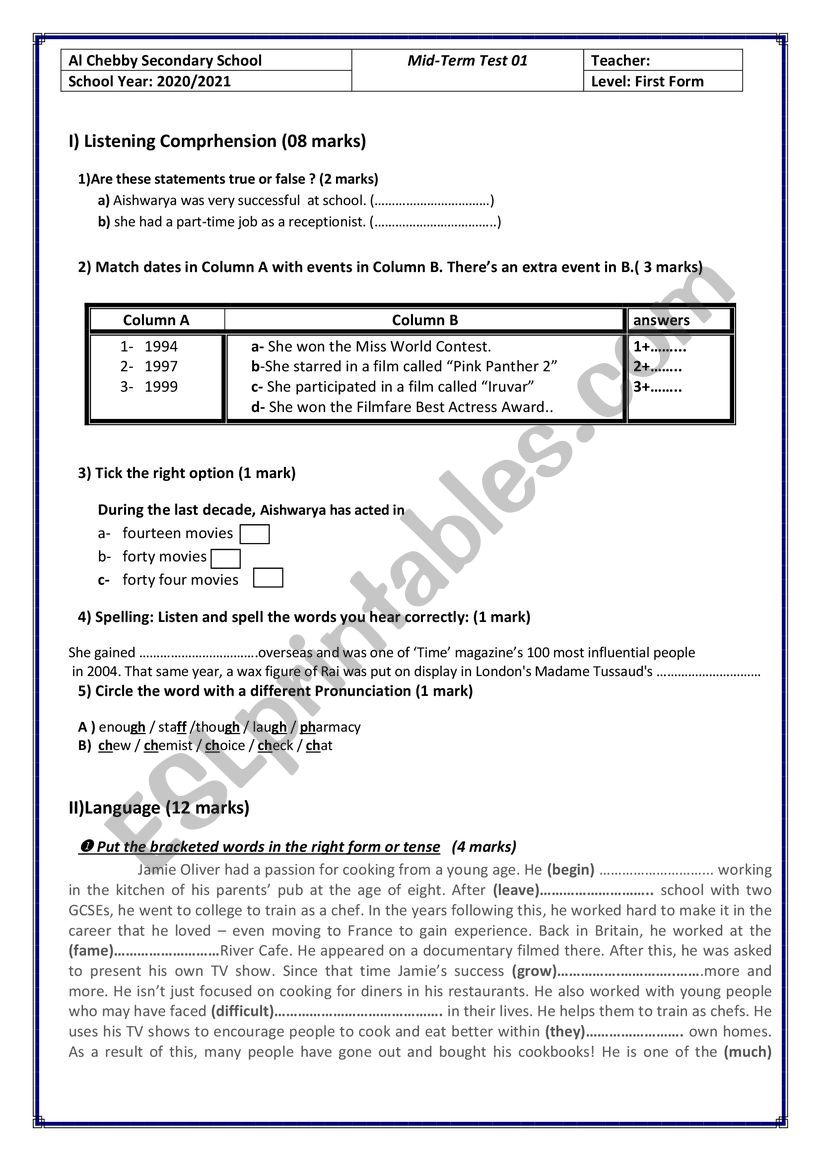 First Form  Mid-term Test 1 worksheet