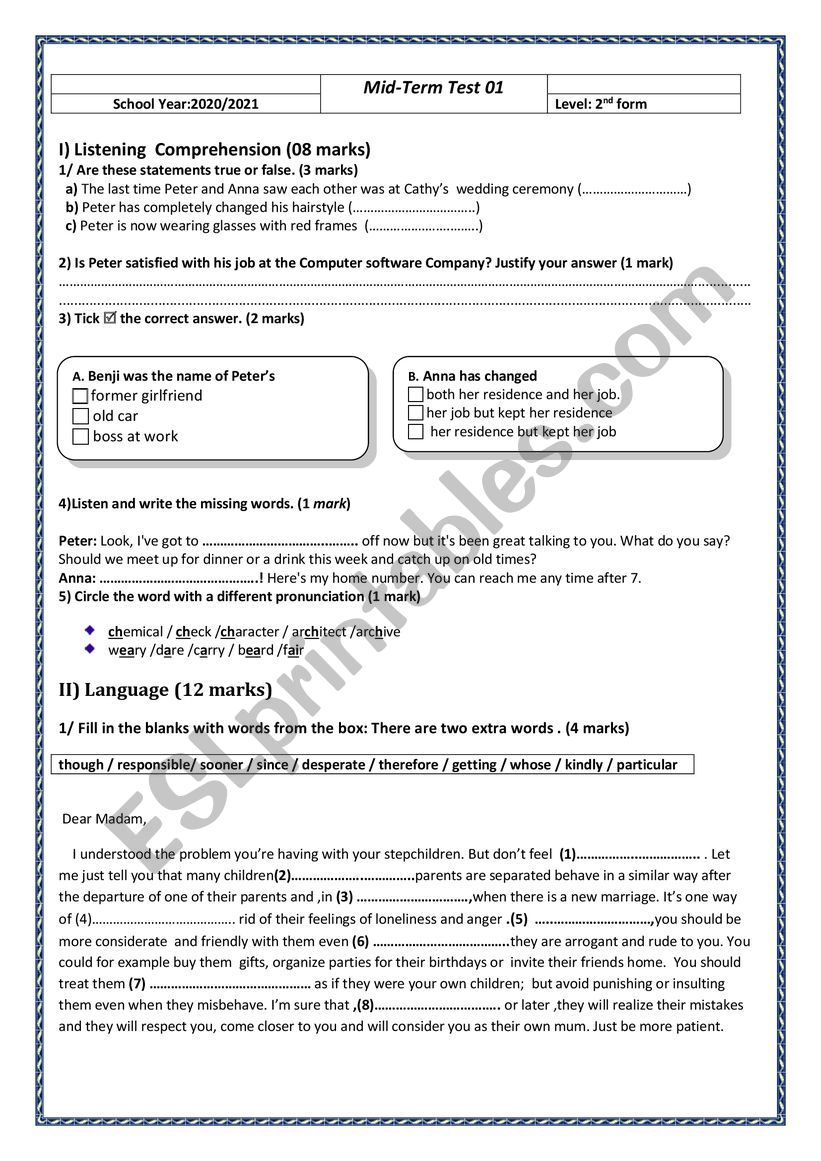 Second Form Mid-Term Test 01 worksheet