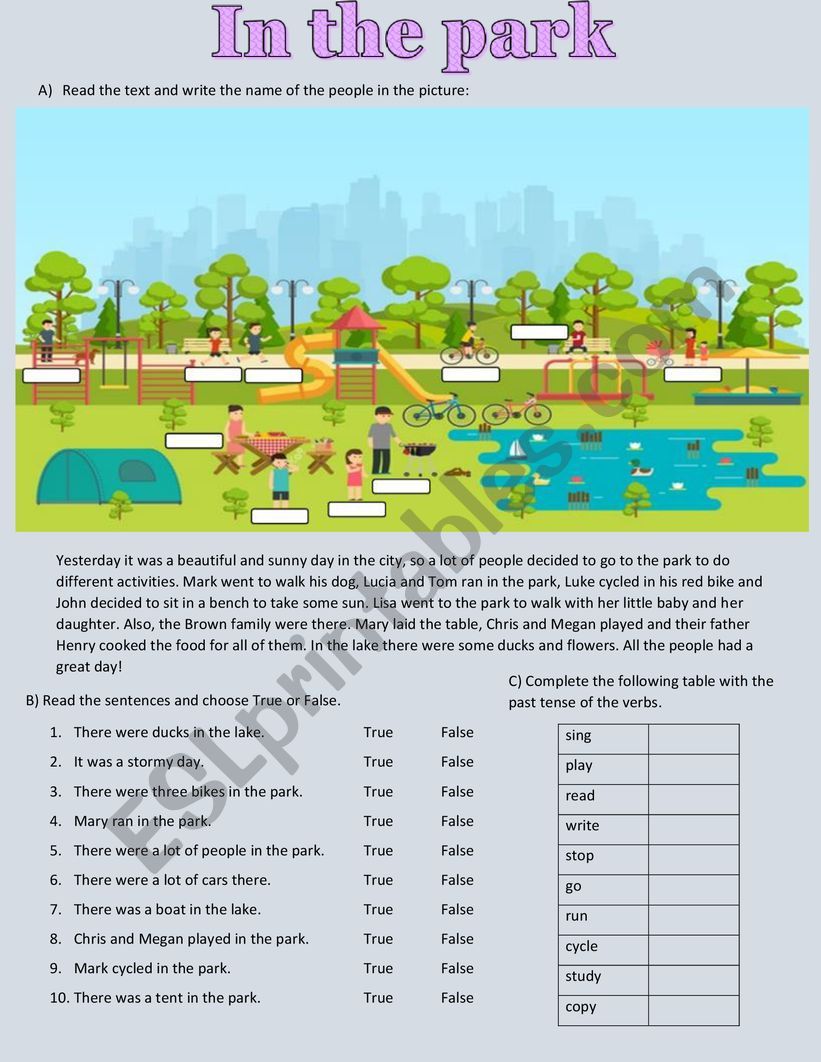 In the park -  past simple worksheet