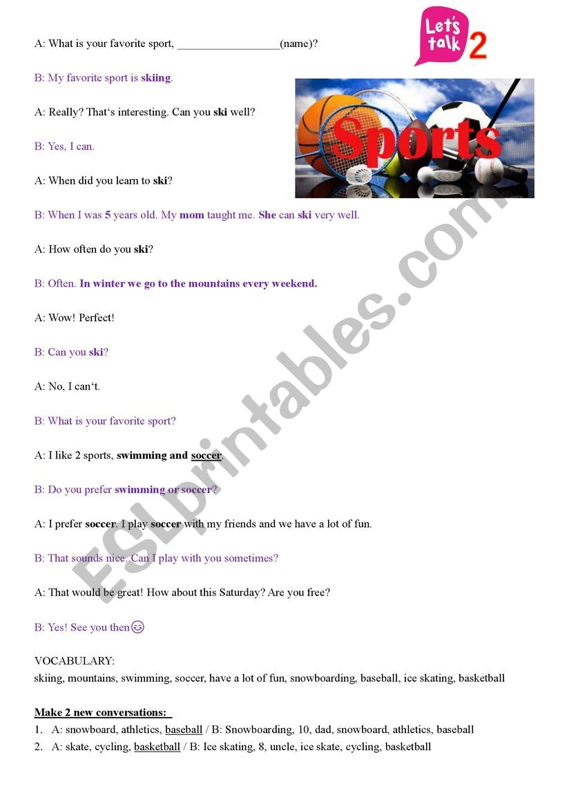 Lets talk SPORTS worksheet