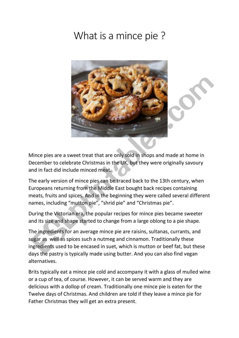What is a mince pie ? worksheet