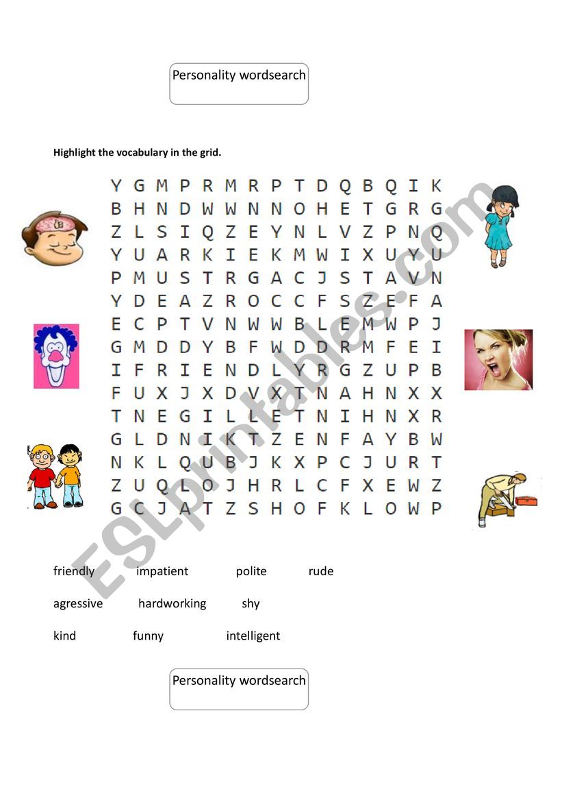 personality wordsearch worksheet