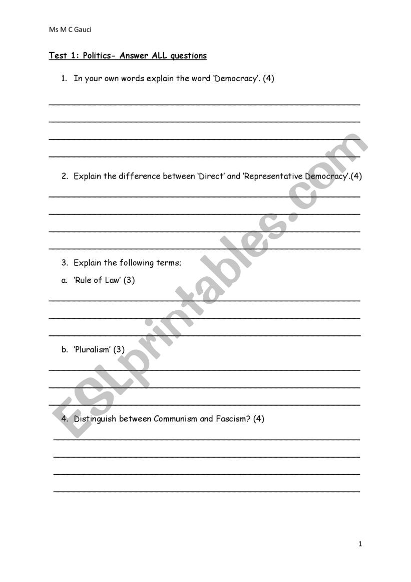 Politics worksheet