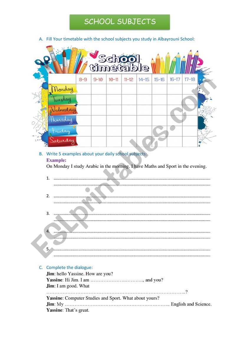 School Subjects Follow-up worksheet