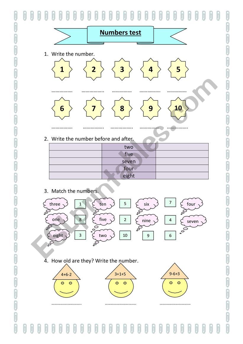 numbers test worksheet