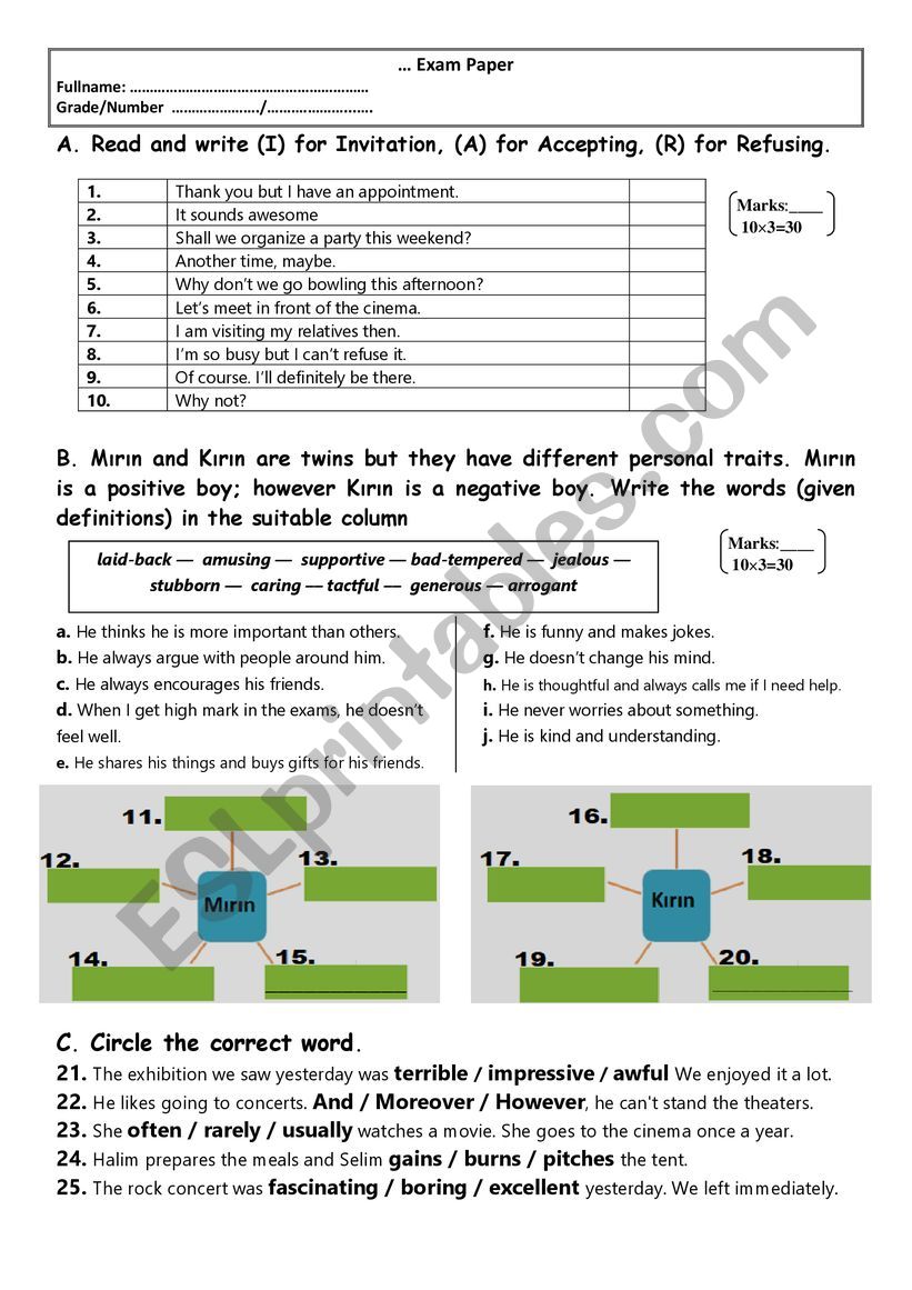 an exam  worksheet