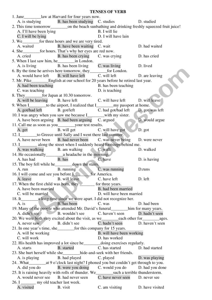 TENSES OF VERB worksheet