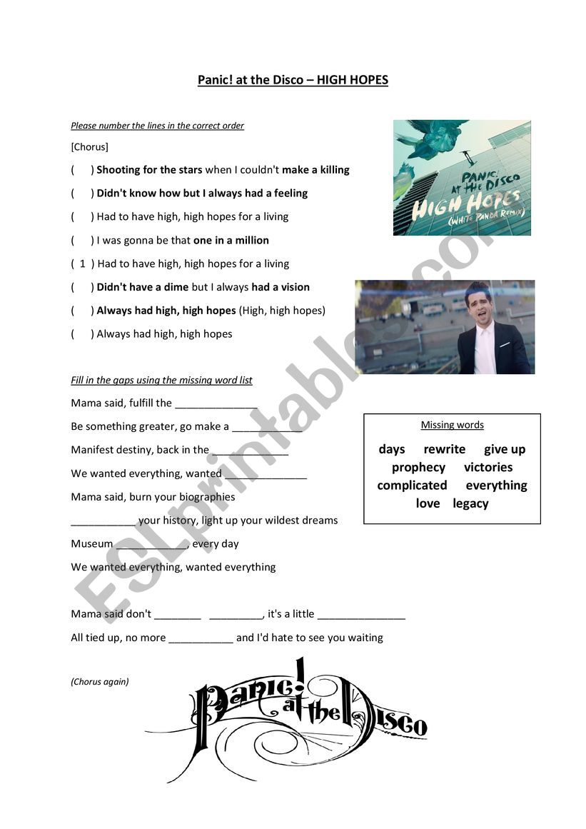 High hopes song worksheet