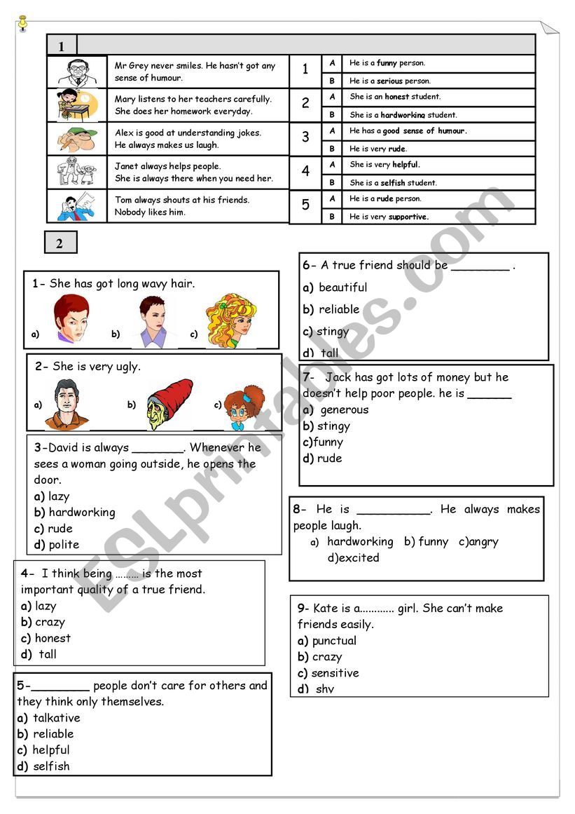 personal features worksheet
