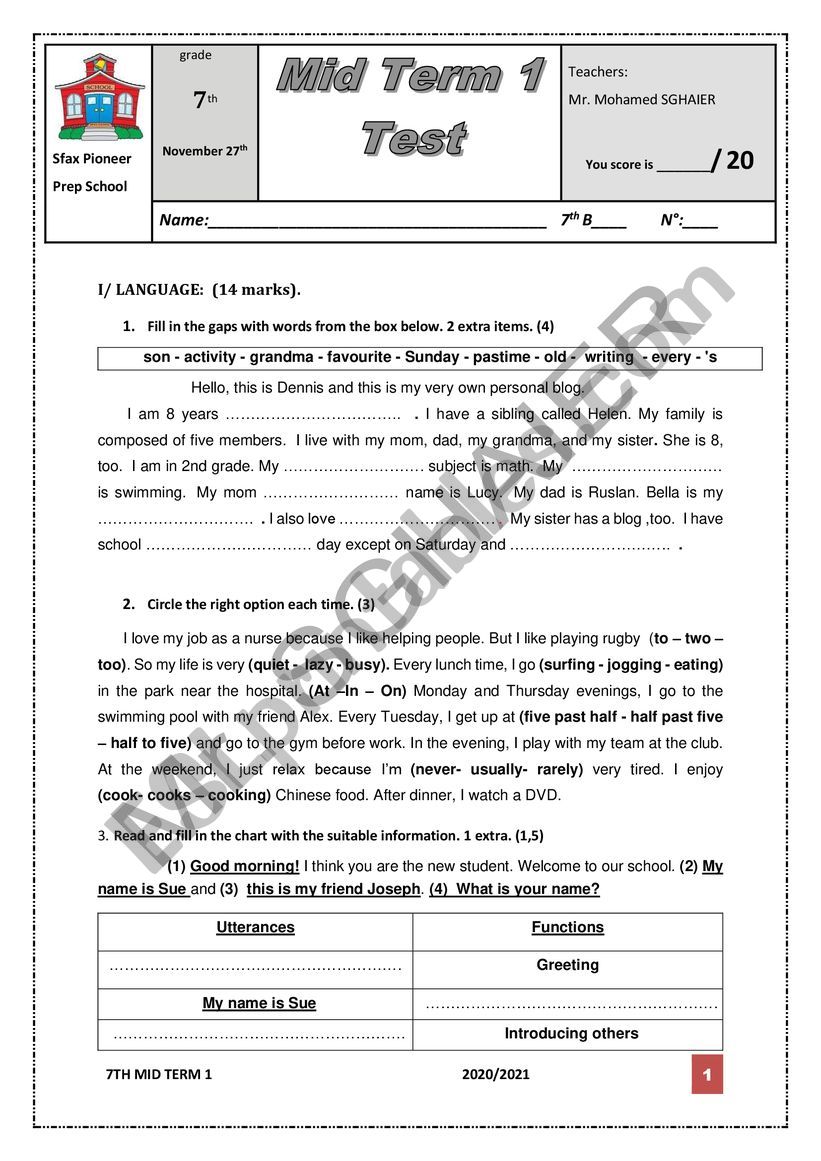 Sfax Pioneer Prep School 2020 worksheet