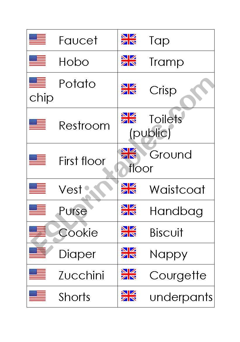 Matching Exercise - English and American words