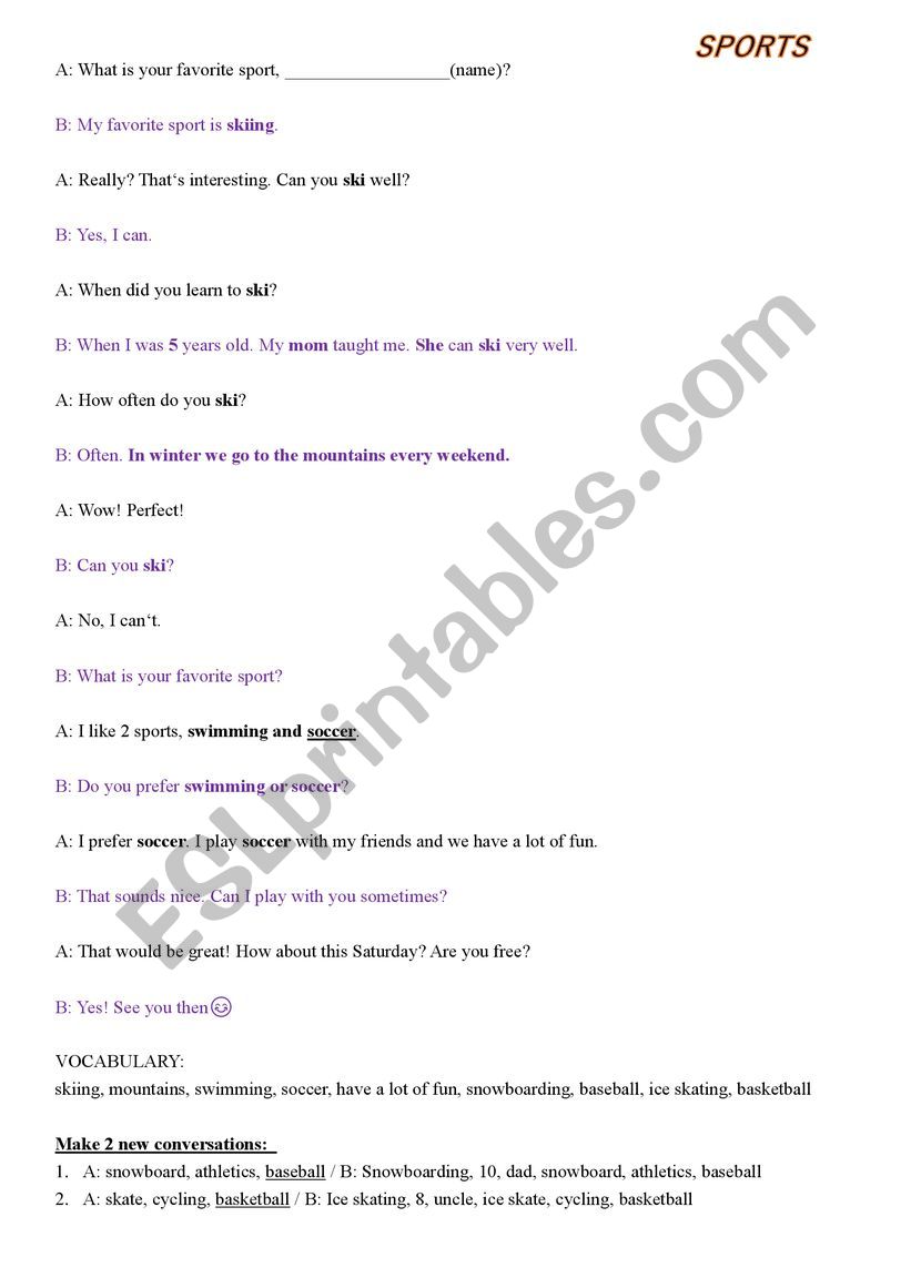 Lets talk SPORTS worksheet