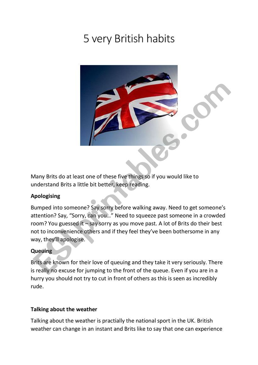 Five very British Habits worksheet