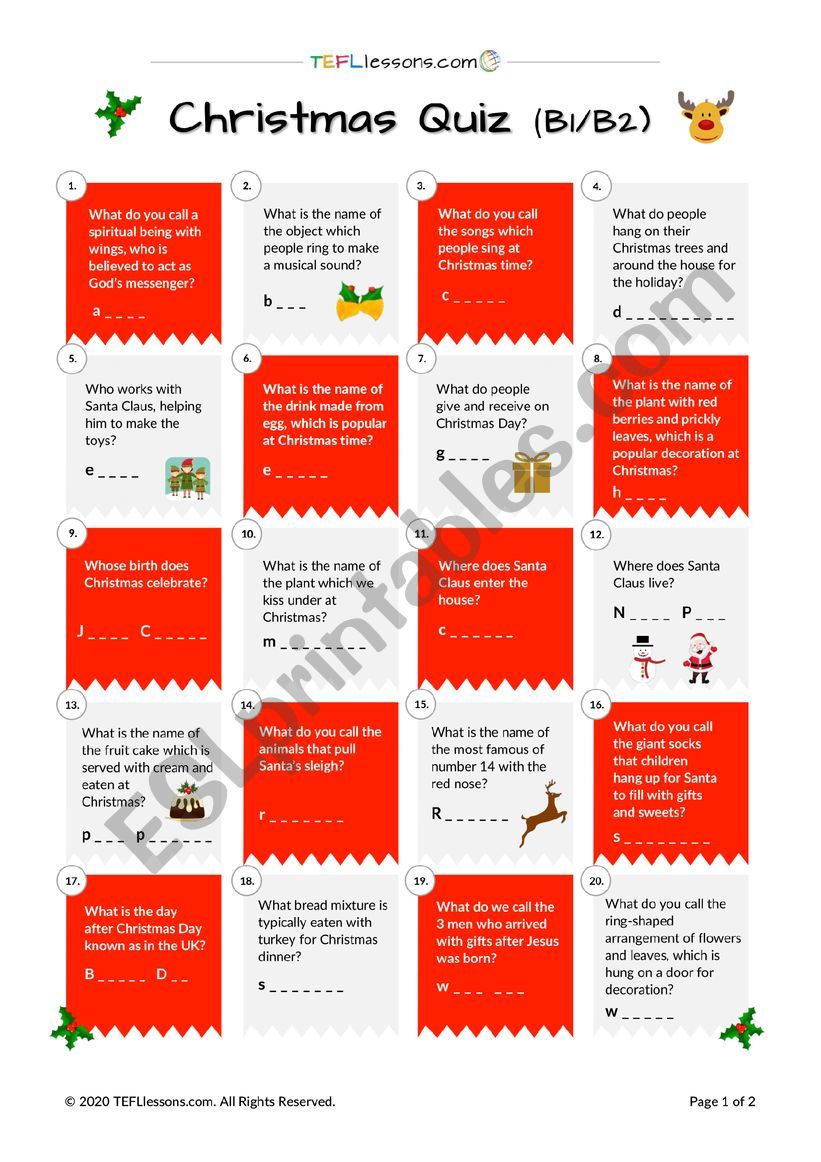 Christmas Quiz (B1/B2) ESL worksheet by TEFL Lessons