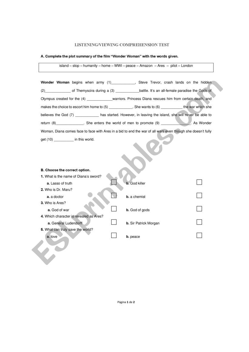 WONDER WOMAN PART1 worksheet