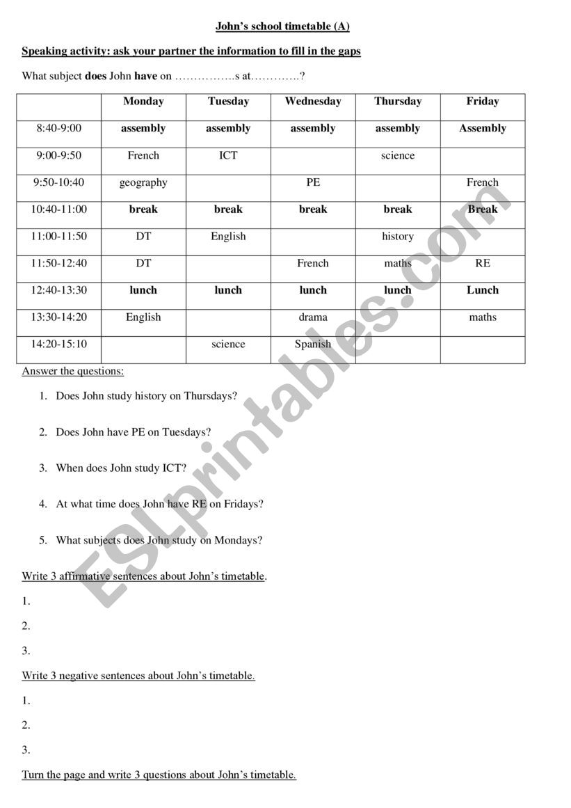 Timetable speaking activity worksheet