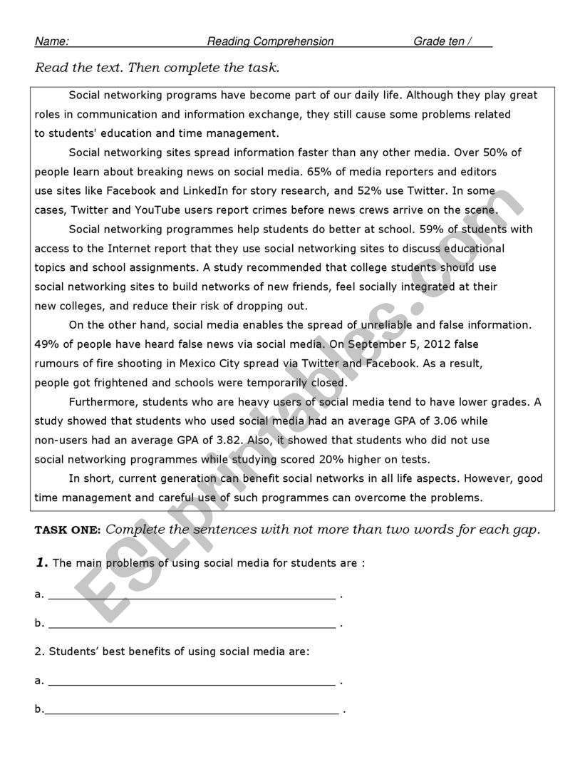 Reading comprehension worksheet