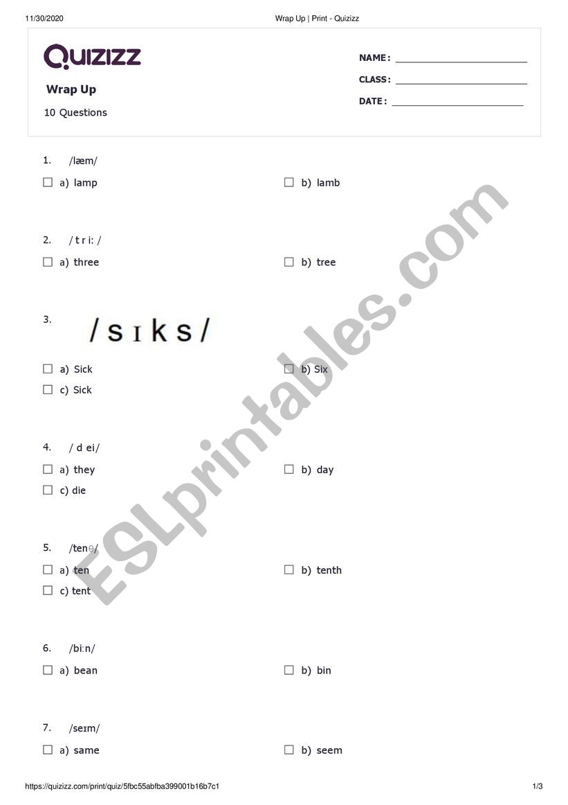 minimal pair worksheet