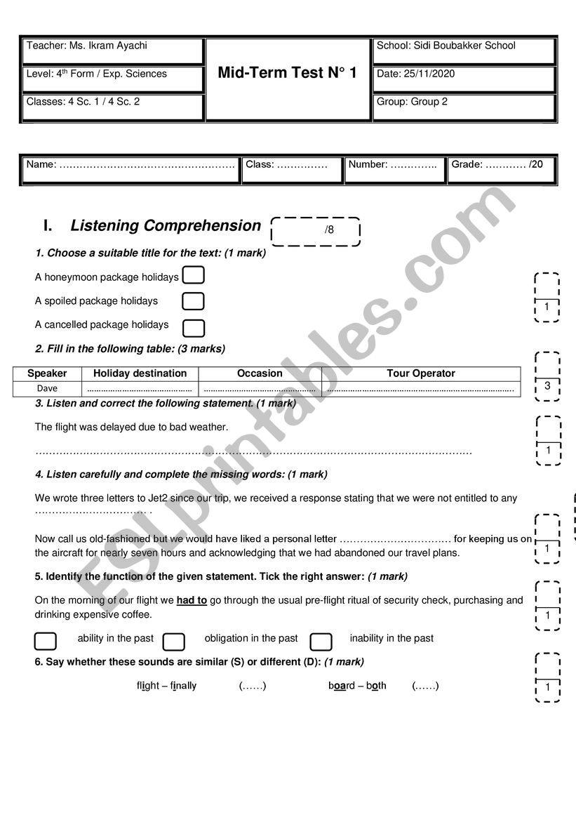 4th Form - Experimental Sciences - Mid-Term Test n 1